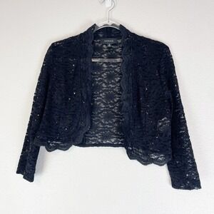 R &M Richards Floral Lace Cardigan Small Crop Open Front Sequins Evening Event